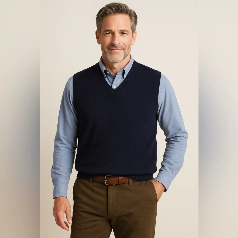 ORVIS 100% Merino Wool Navy Knit Sleeveless V Neck Sweater Vest L
